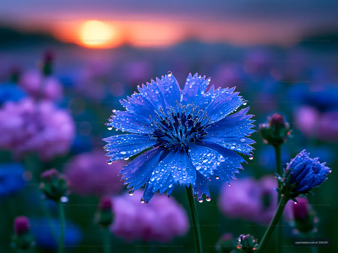 Blue flower with water droplets at sunset