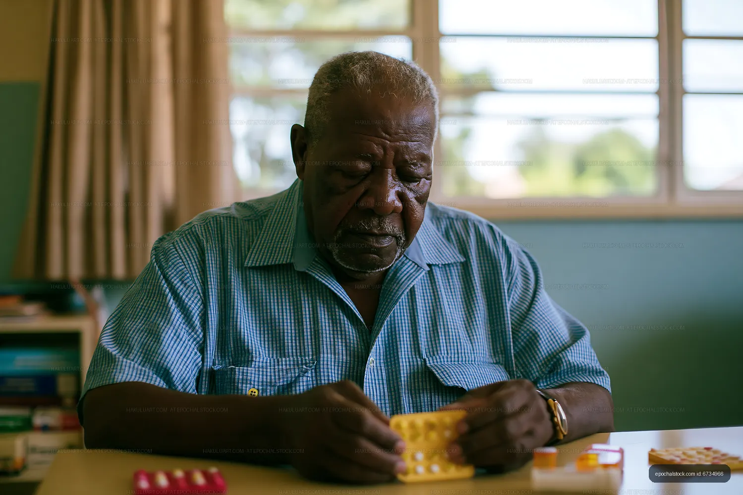 Elderly man playing with colored building blocks indoors