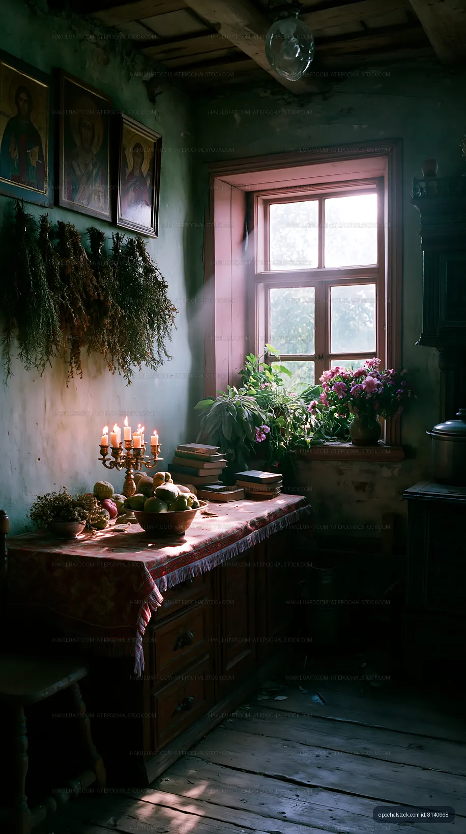 Sunlight streaming into a rustic kitchen with plants and candles