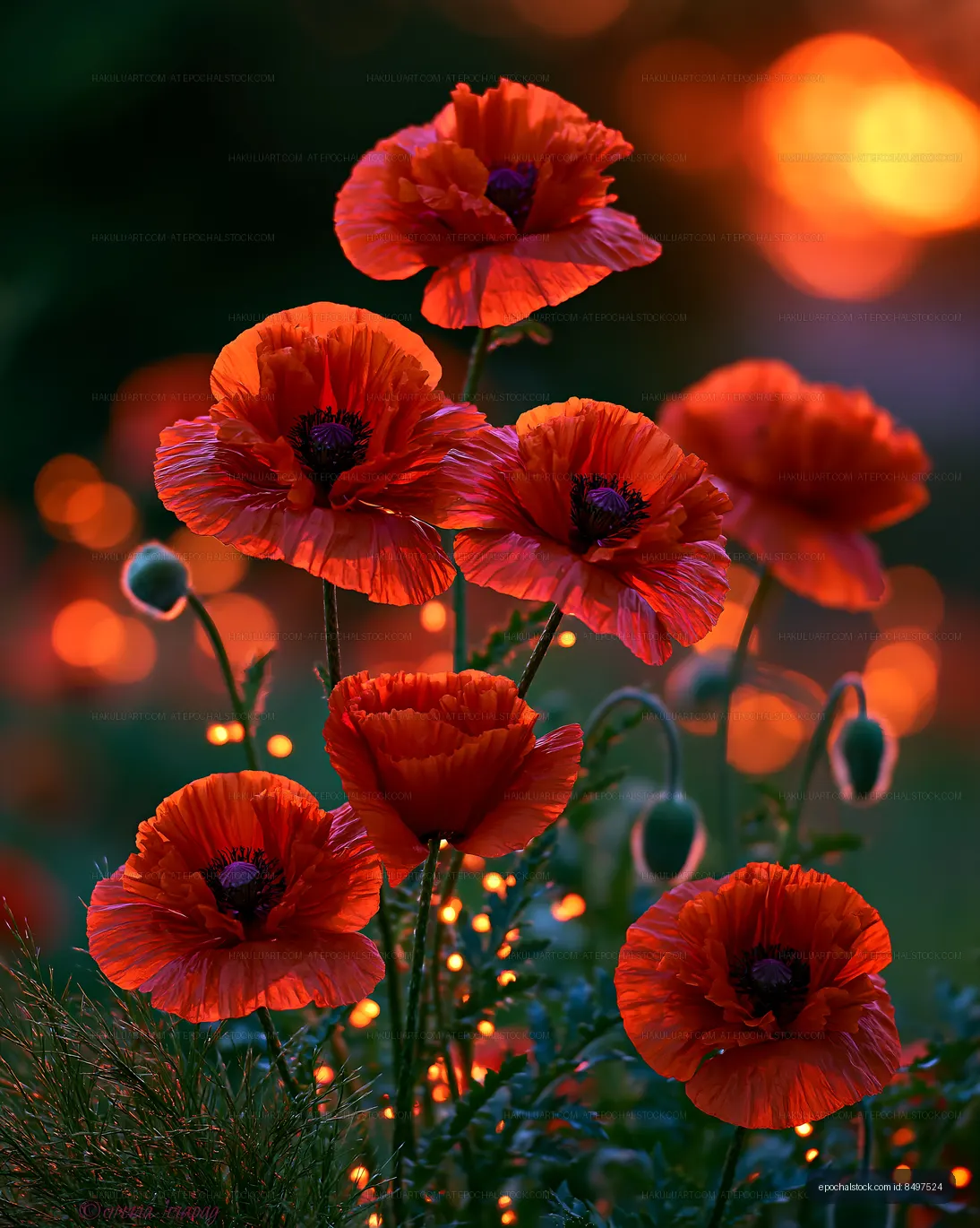 Vibrant red poppies blooming during sunset in a garden