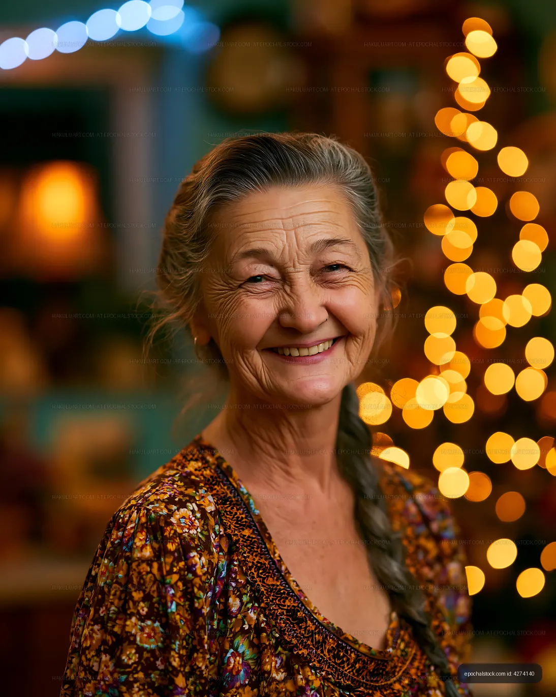 Smiling woman stands near Christmas tree with lights in background