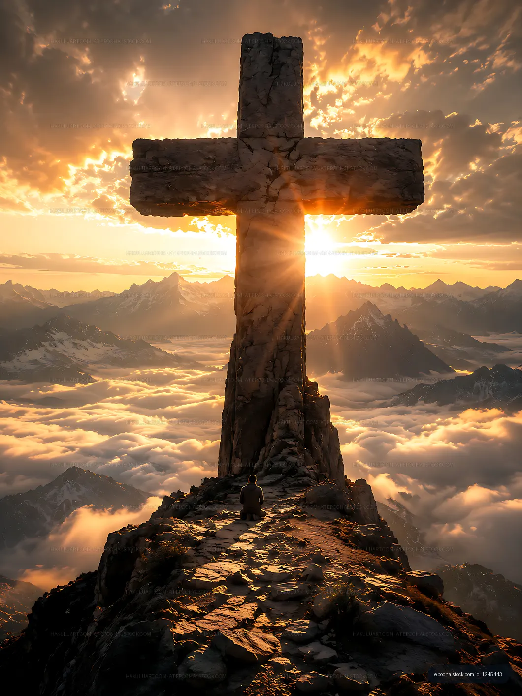 Sunset view behind a large cross on a mountain peak