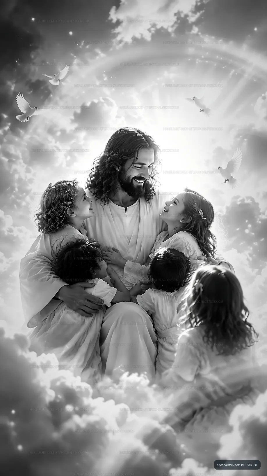 Jesus surrounded by joyful children in a cloud setting