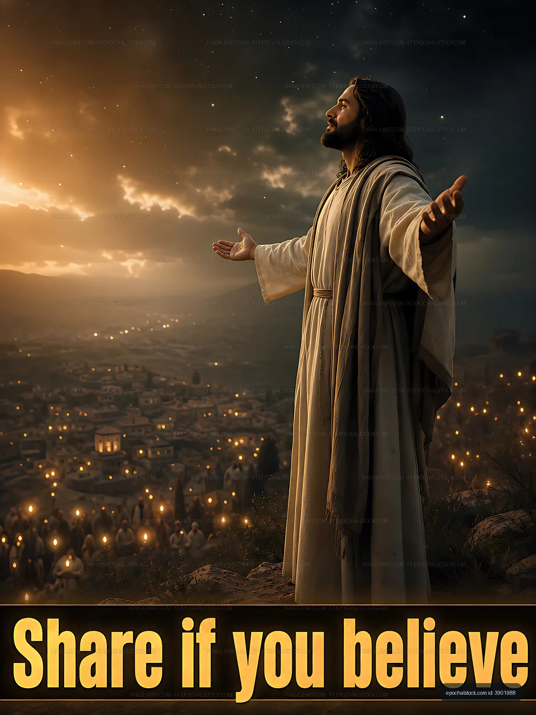 Man with open arms in front of landscape at sunset