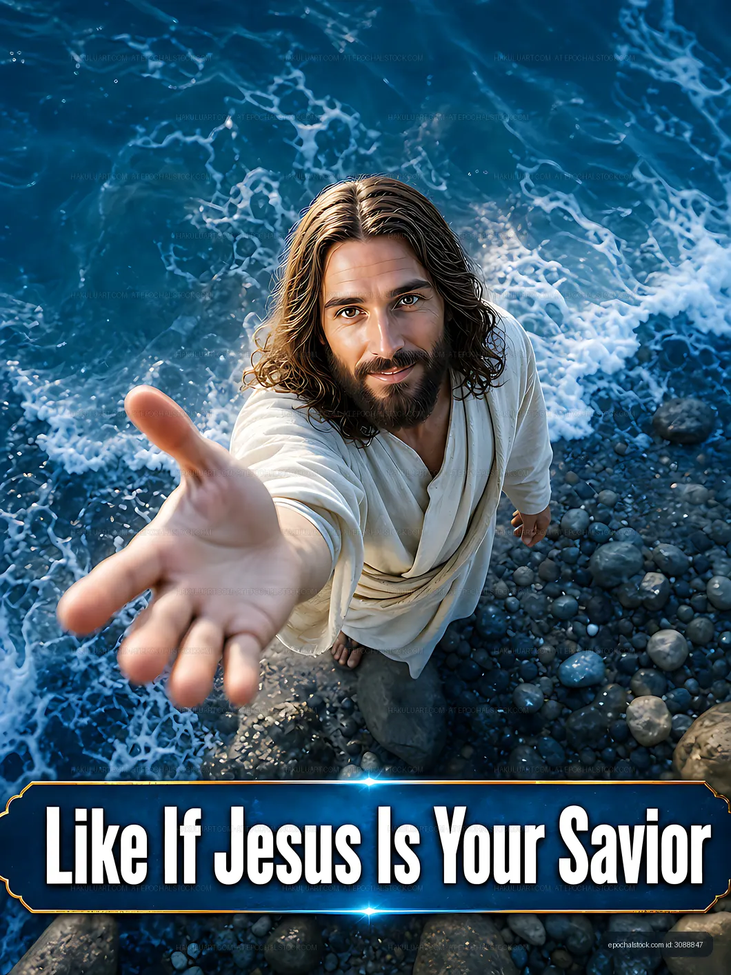 Man reaching out by water with flowing hair and robe