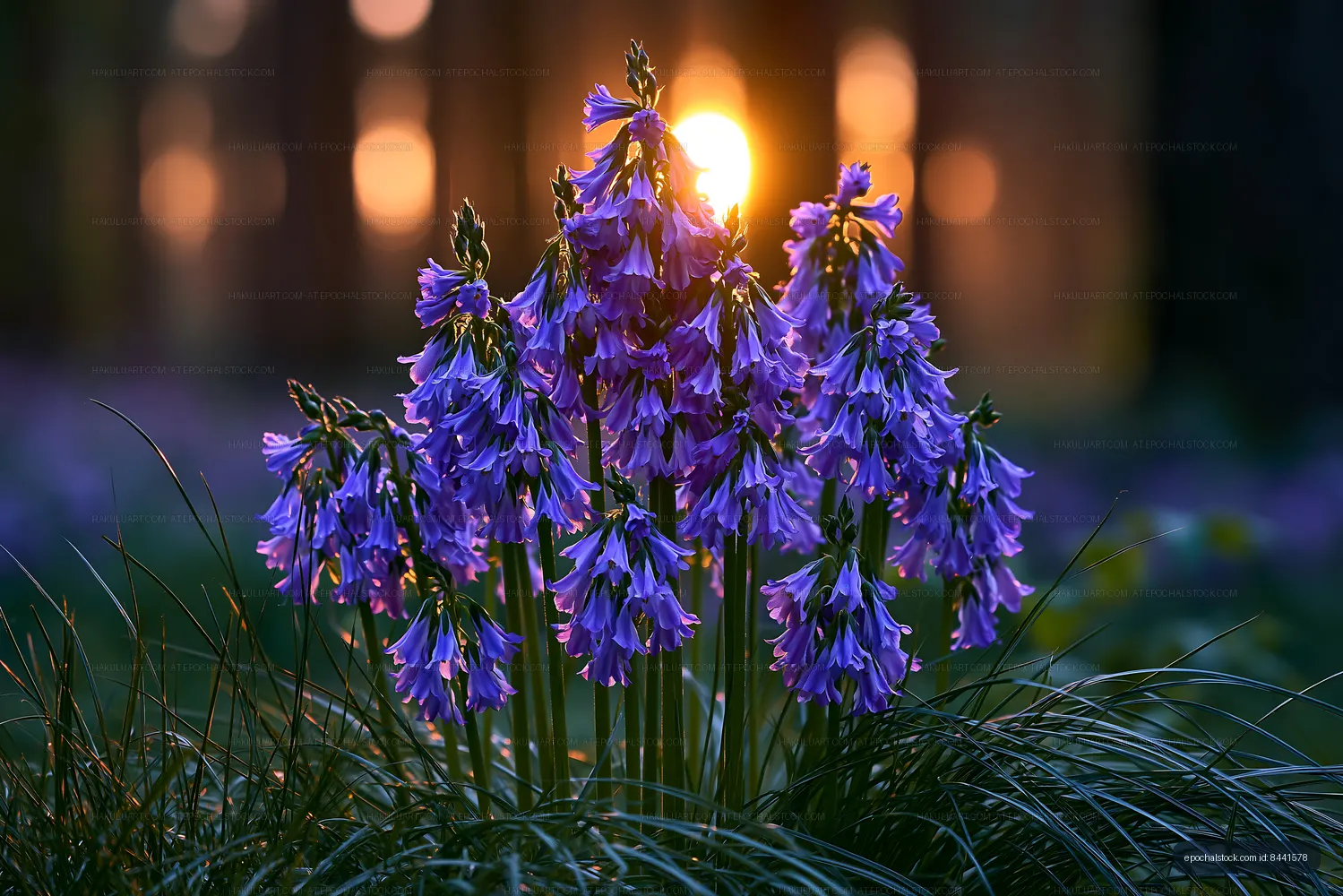Purple flowers bloom in sunlight in a forest setting