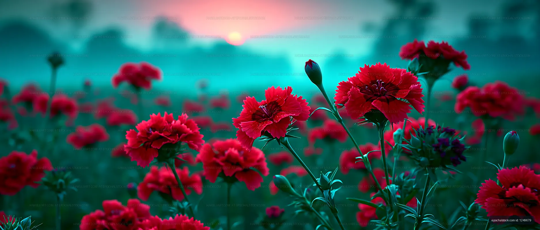 Red flowers bloom in a field at sunrise