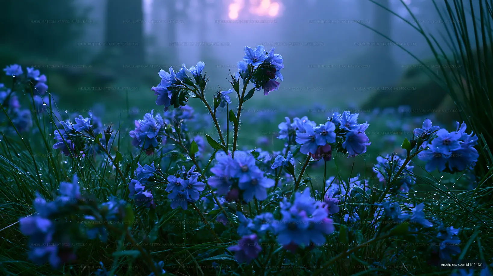 Blue flowers in a misty forest at dawn