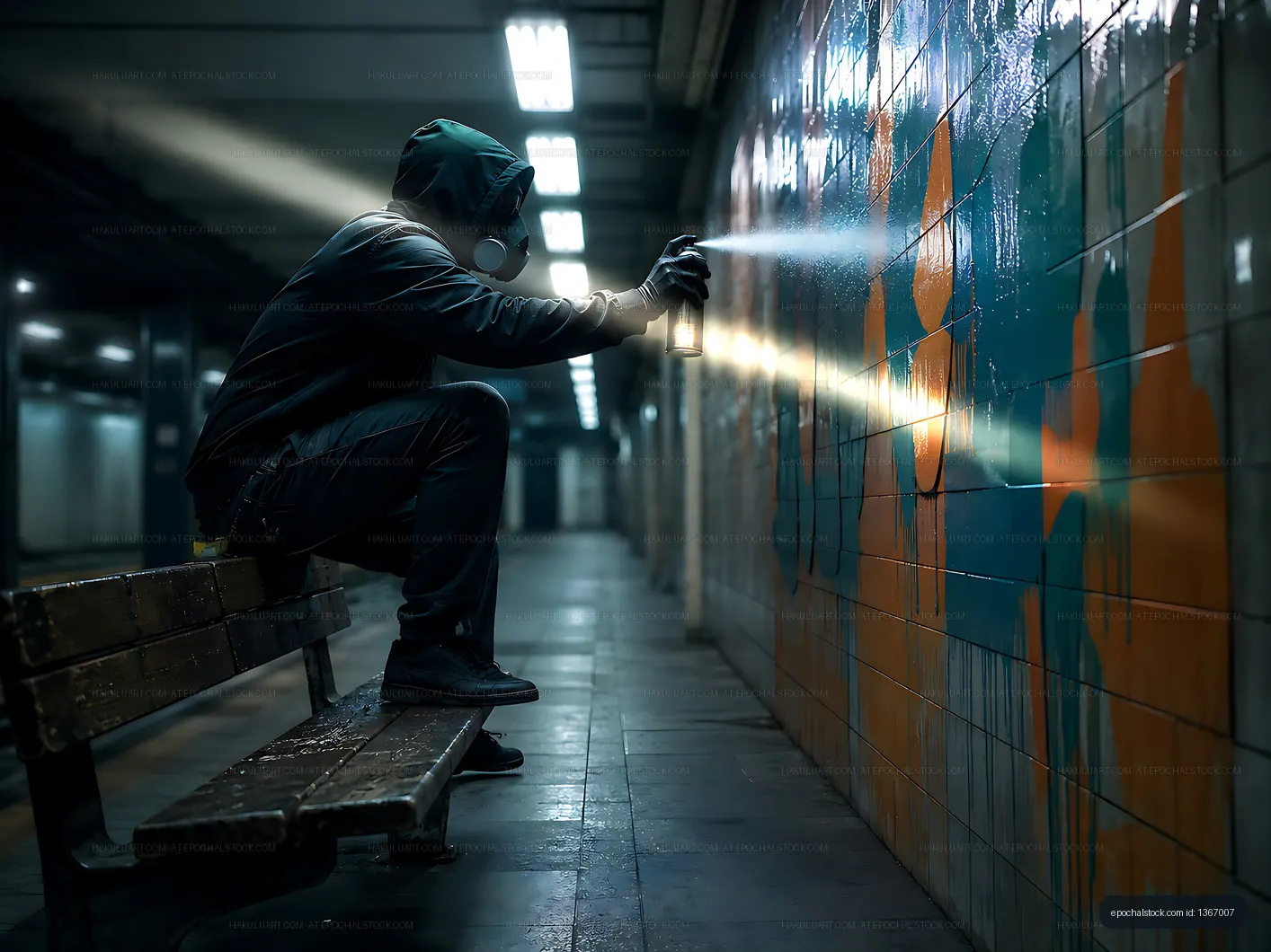 Person spray painting a wall in an abandoned subway station