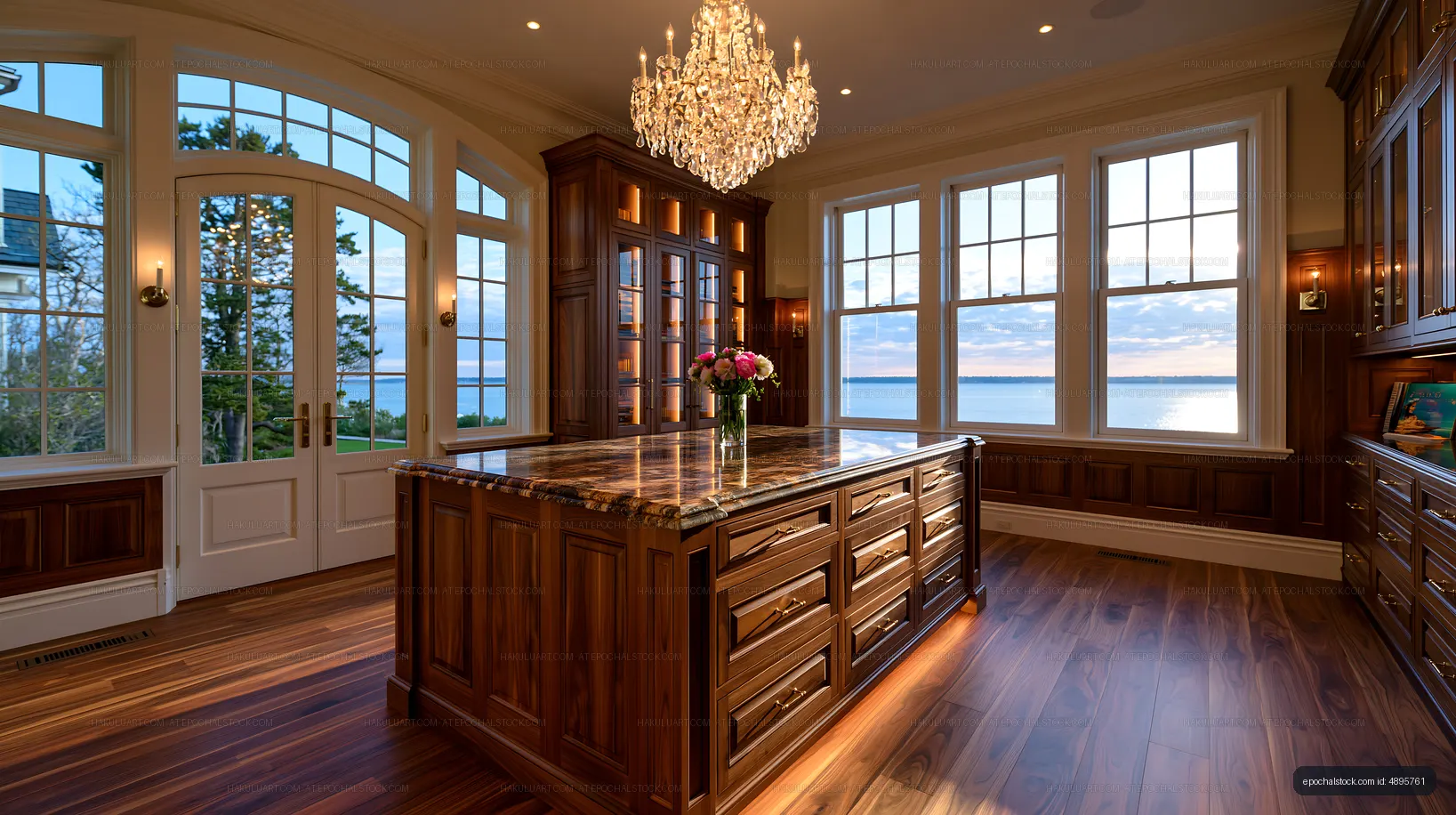 Modern kitchen with a view of the lake at sunset