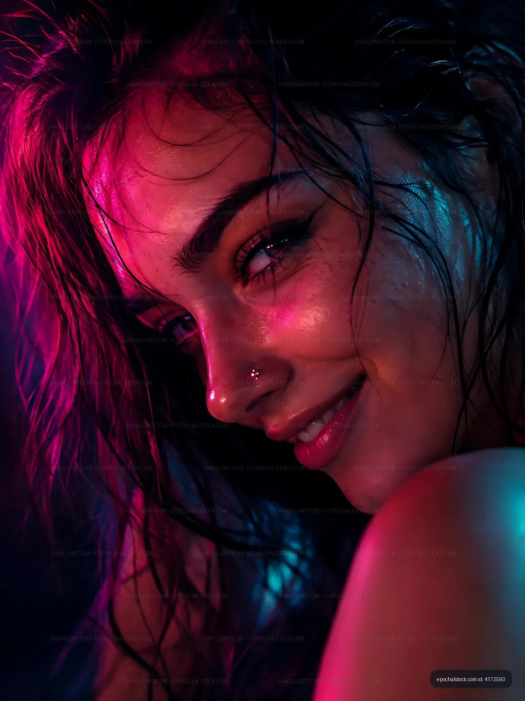 Woman with wet hair under colorful lights in a close-up shot