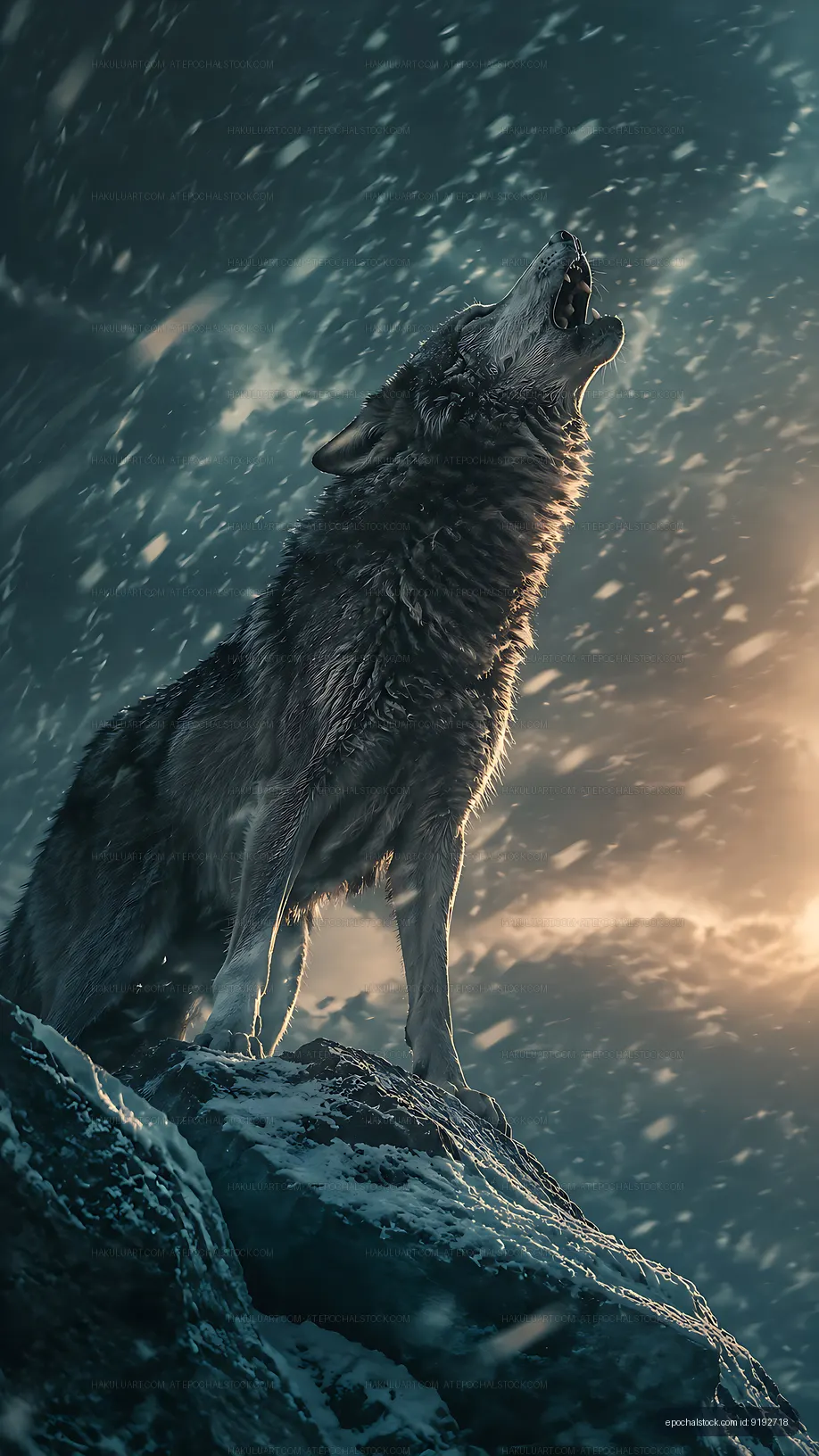 Wolf howling at the moon on a snowy night