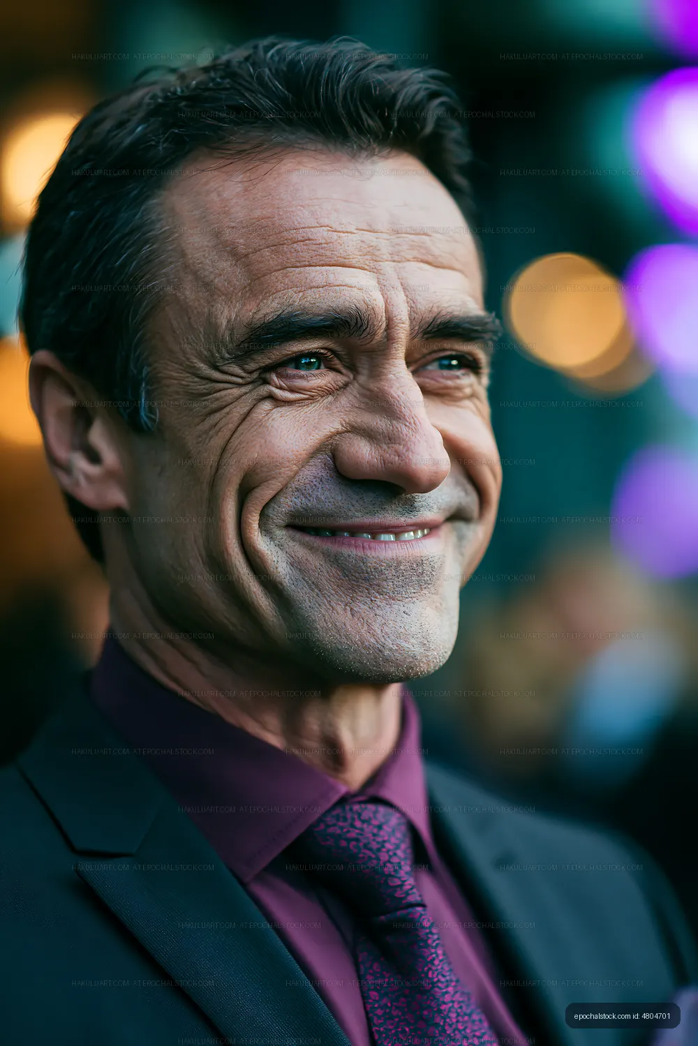 Man smiling at an event with a blurred background