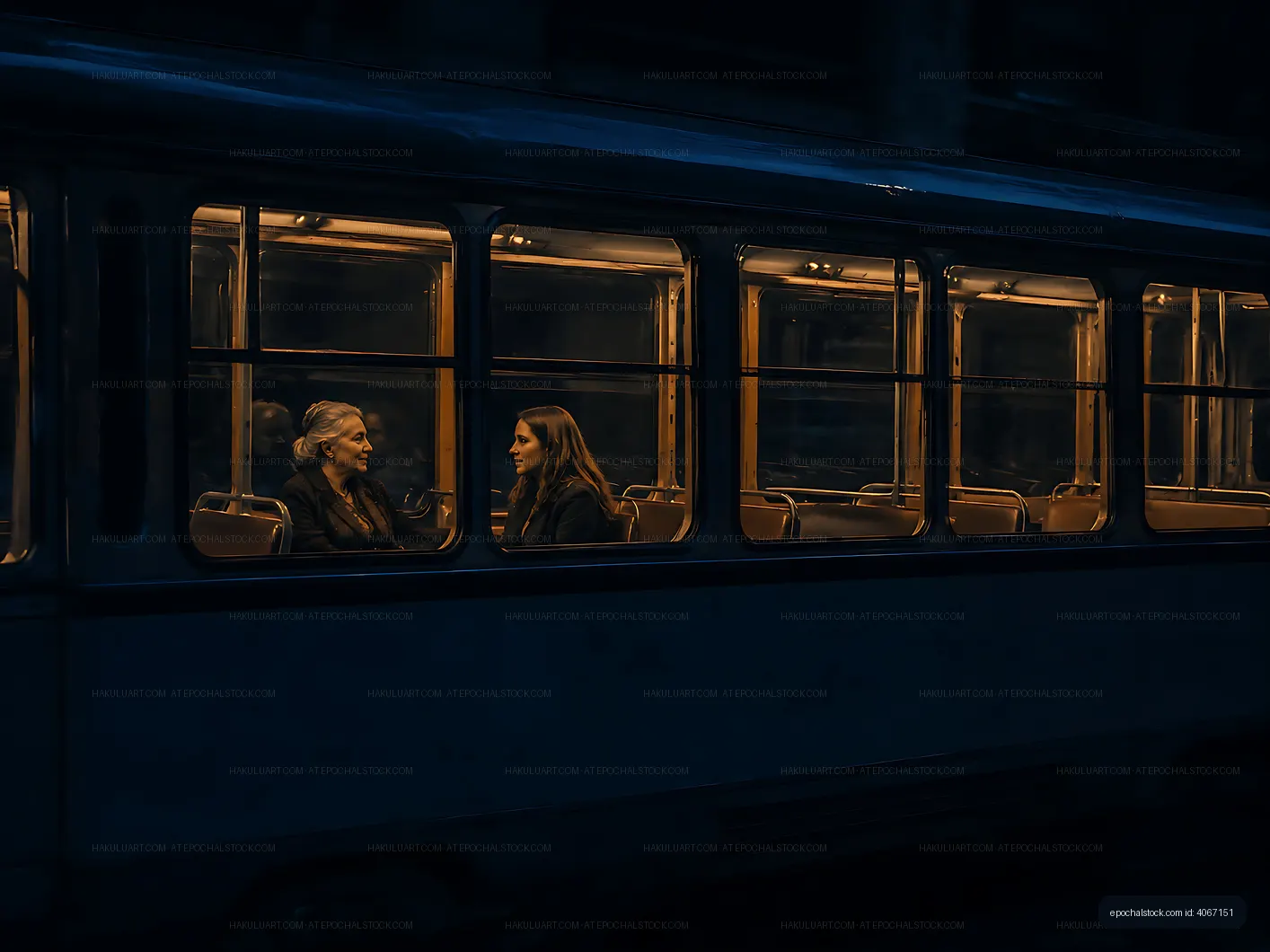Two women talking inside a bus at night