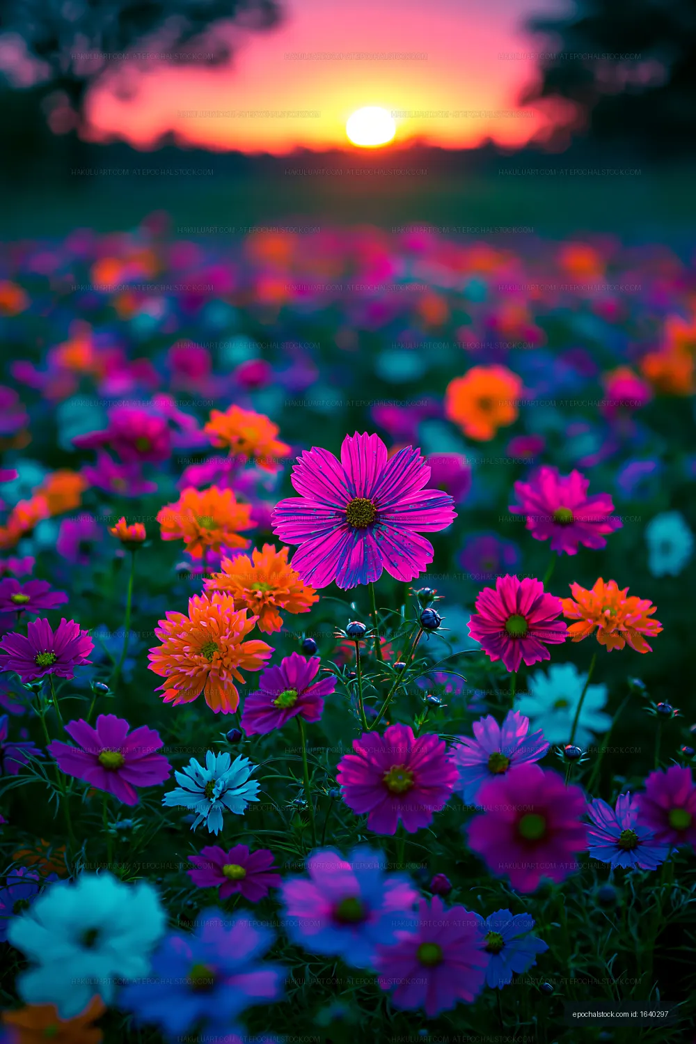 Colorful field of flowers at sunset