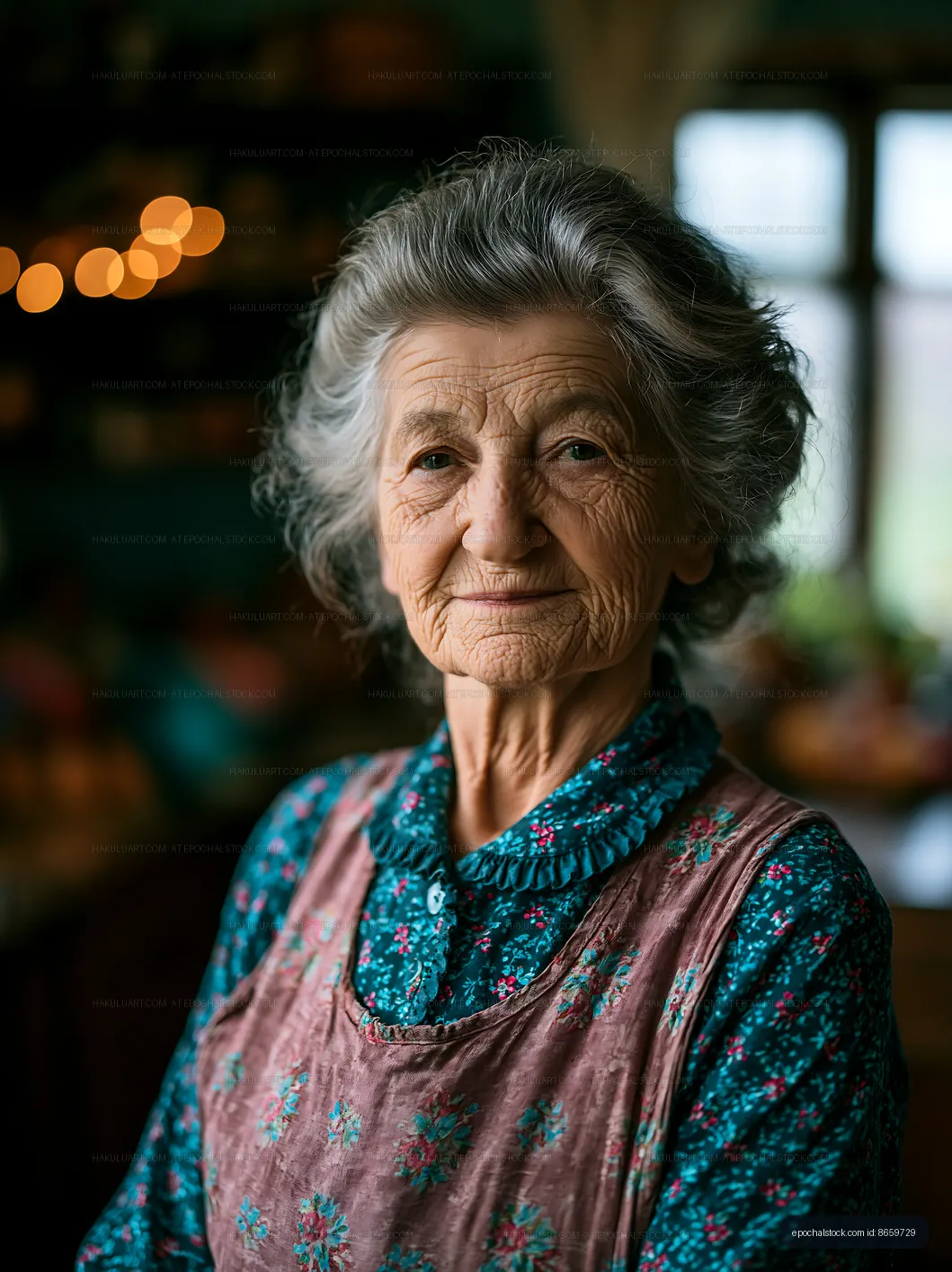 Elderly woman smiling indoors in a cozy kitchen setting