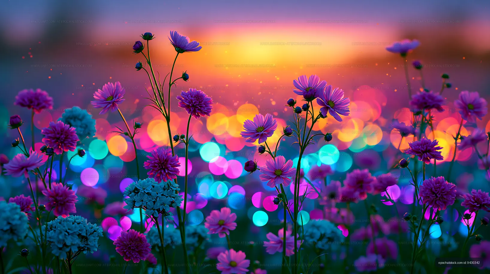 Vibrant flowers against a colorful blurred background at sunset