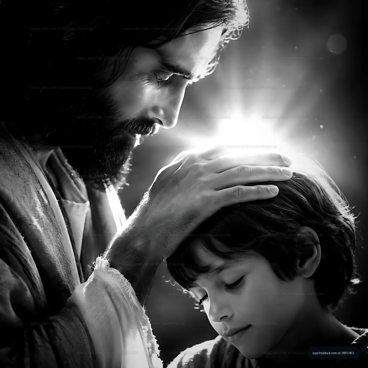 Light shining on a man and a boy in a touching moment