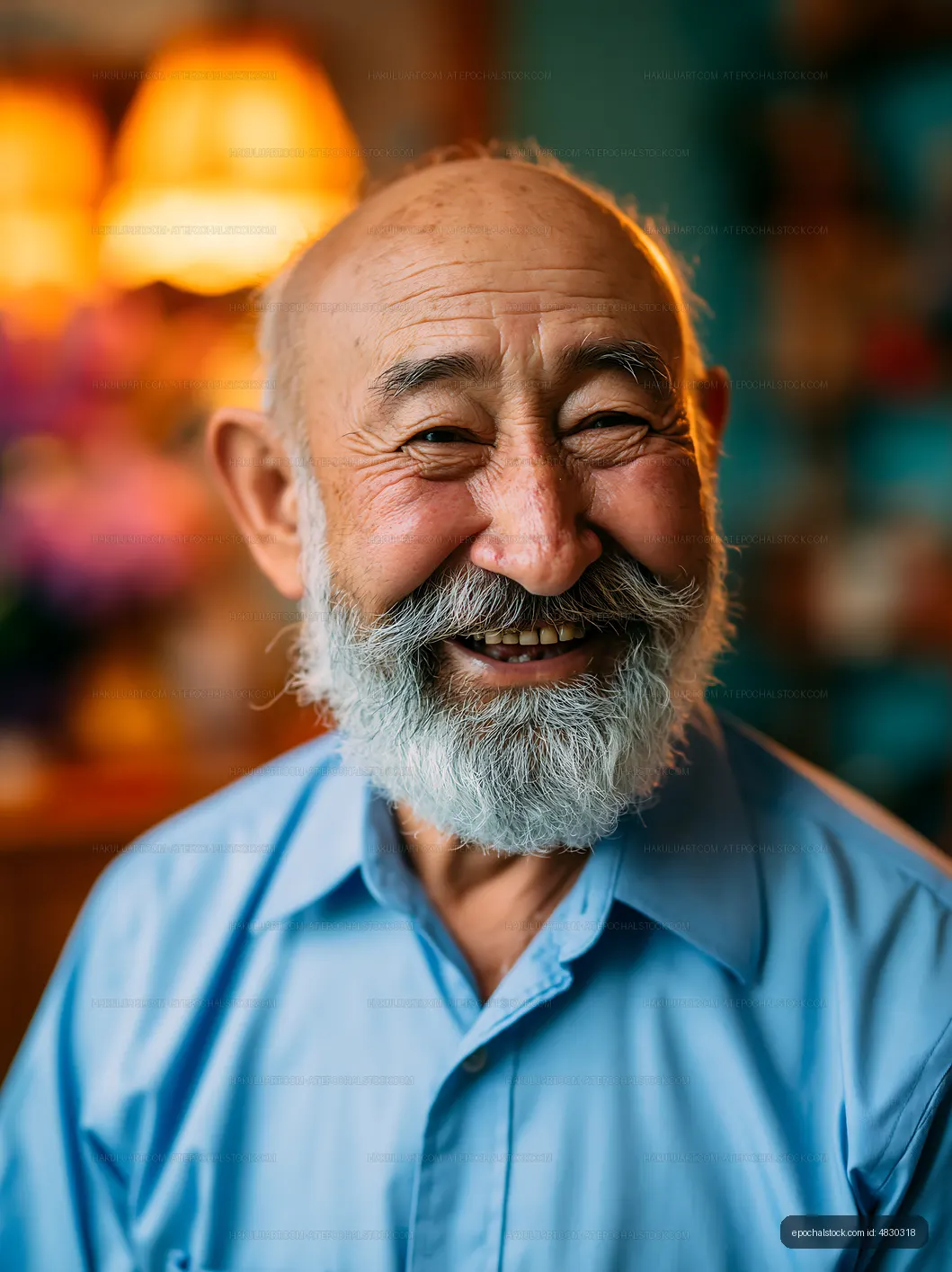Smiling elderly man with a beard in a cozy indoor setting