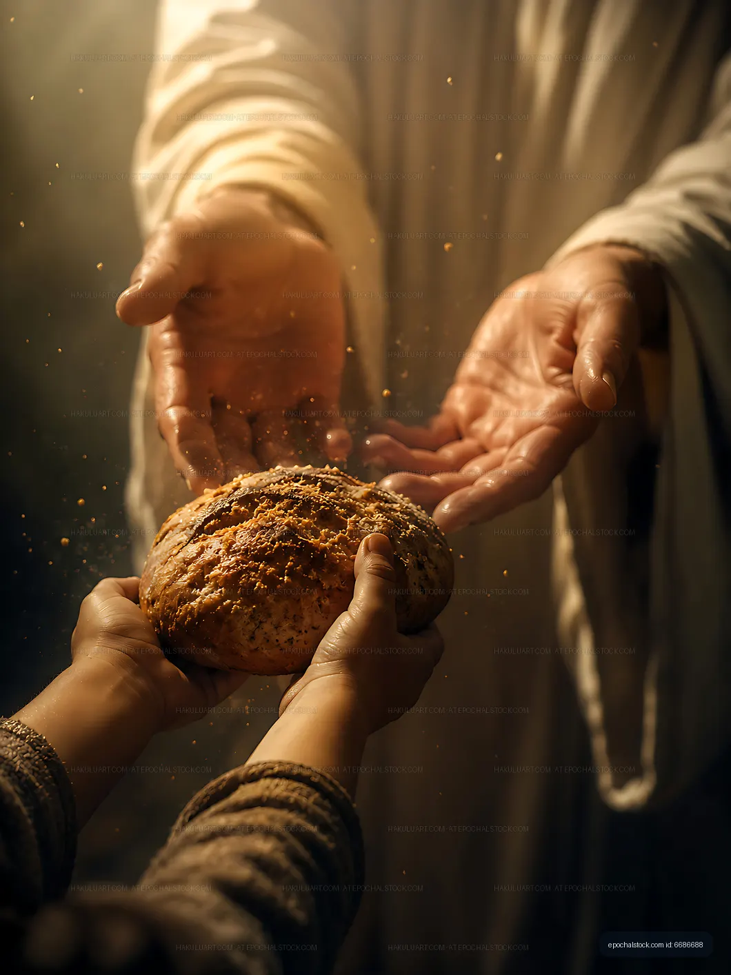 Hands exchanging a loaf of bread in a warm setting