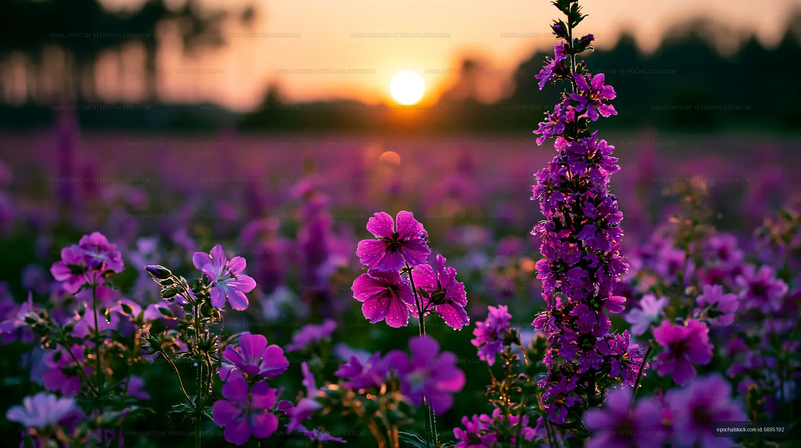 Vibrant flowers bloom in a field at sunset