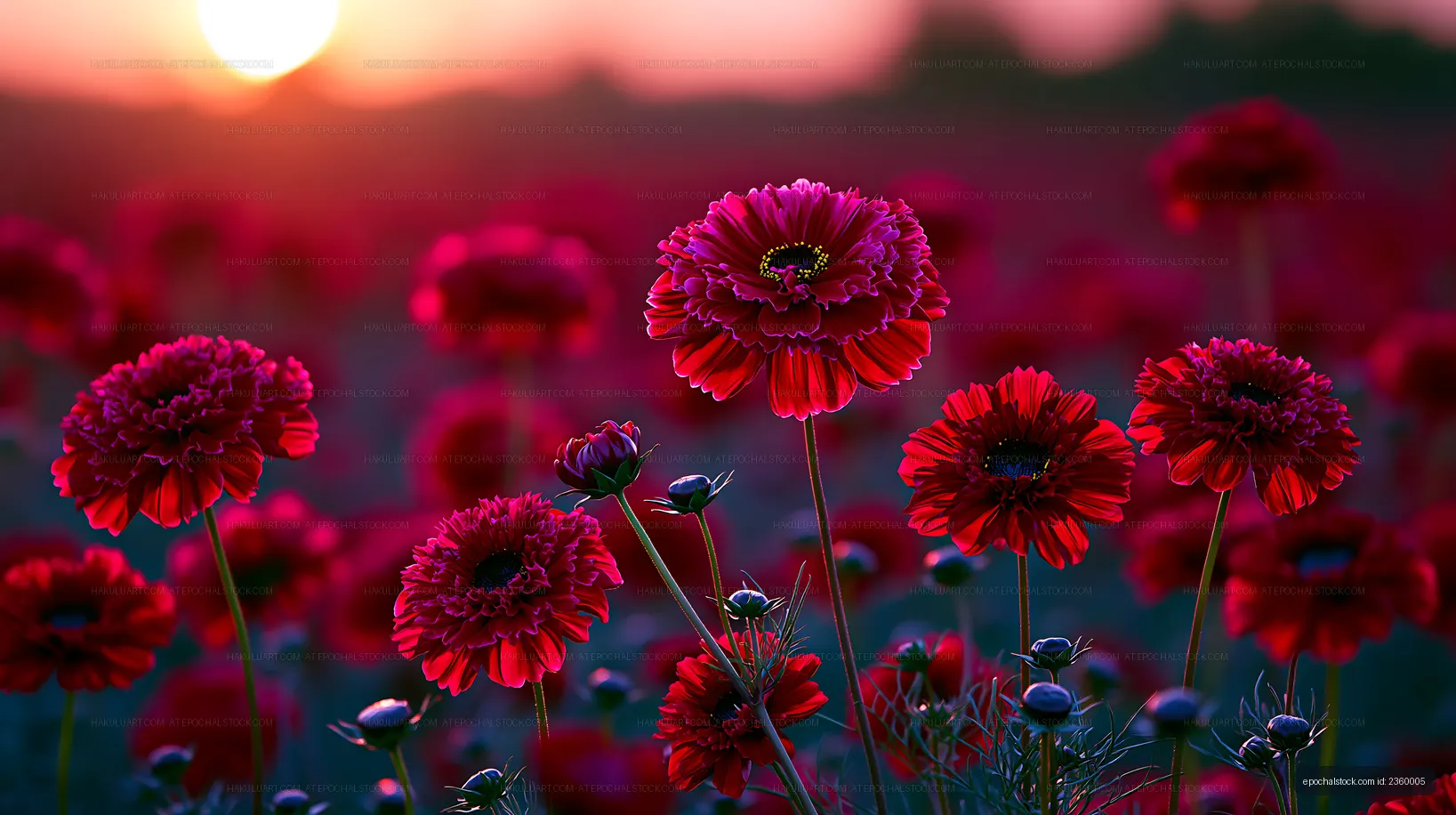 Beautiful red flowers bloom at sunset in a vibrant field