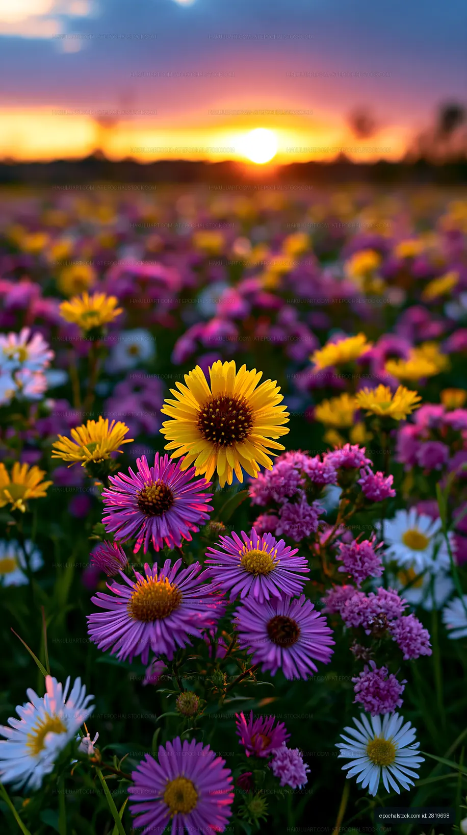 Colorful wildflowers bloom at sunset in a vibrant field