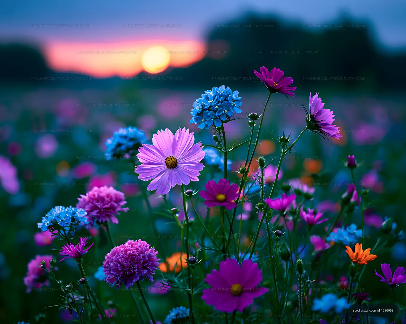 Colorful flowers blooming in a field during sunset