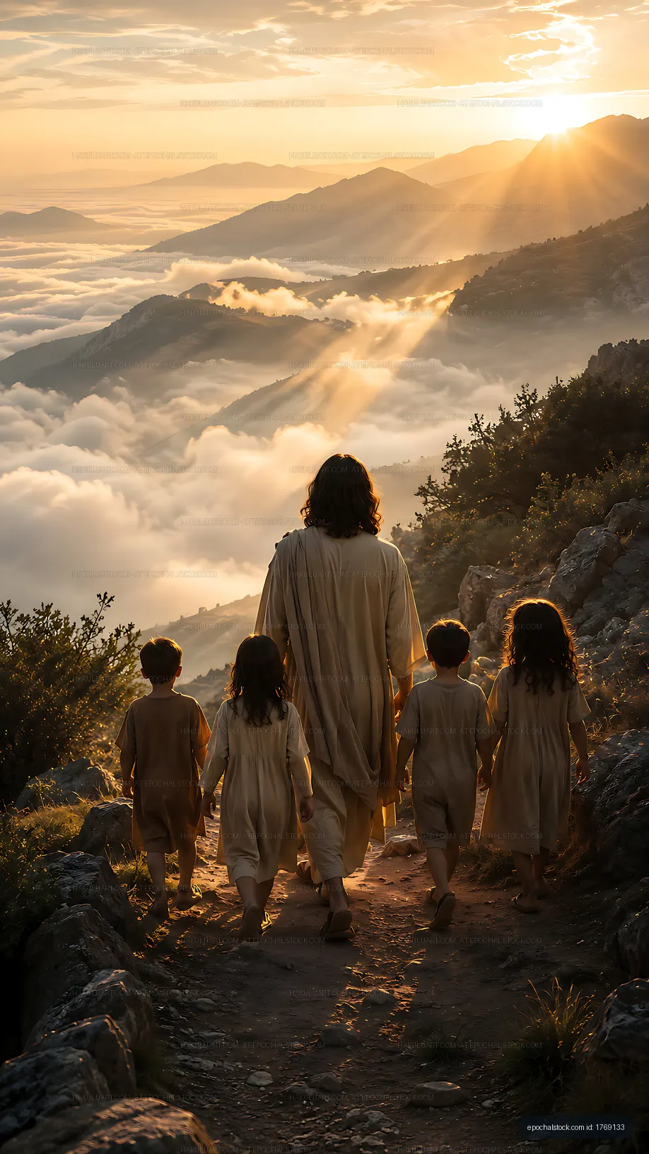Walking on a mountain path at sunset with children