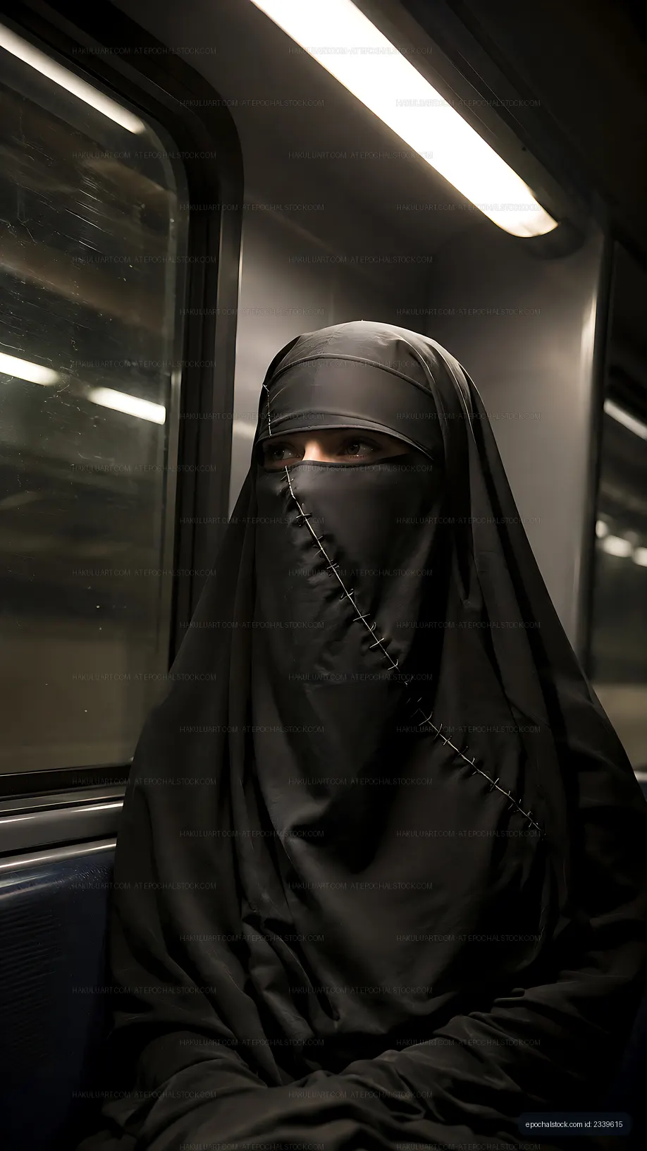 Woman in traditional attire sitting on a train