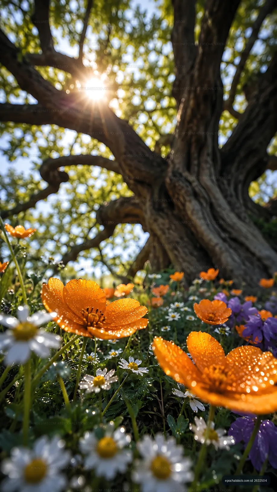 Close-up view of orange flowers with a large tree and sunlight
