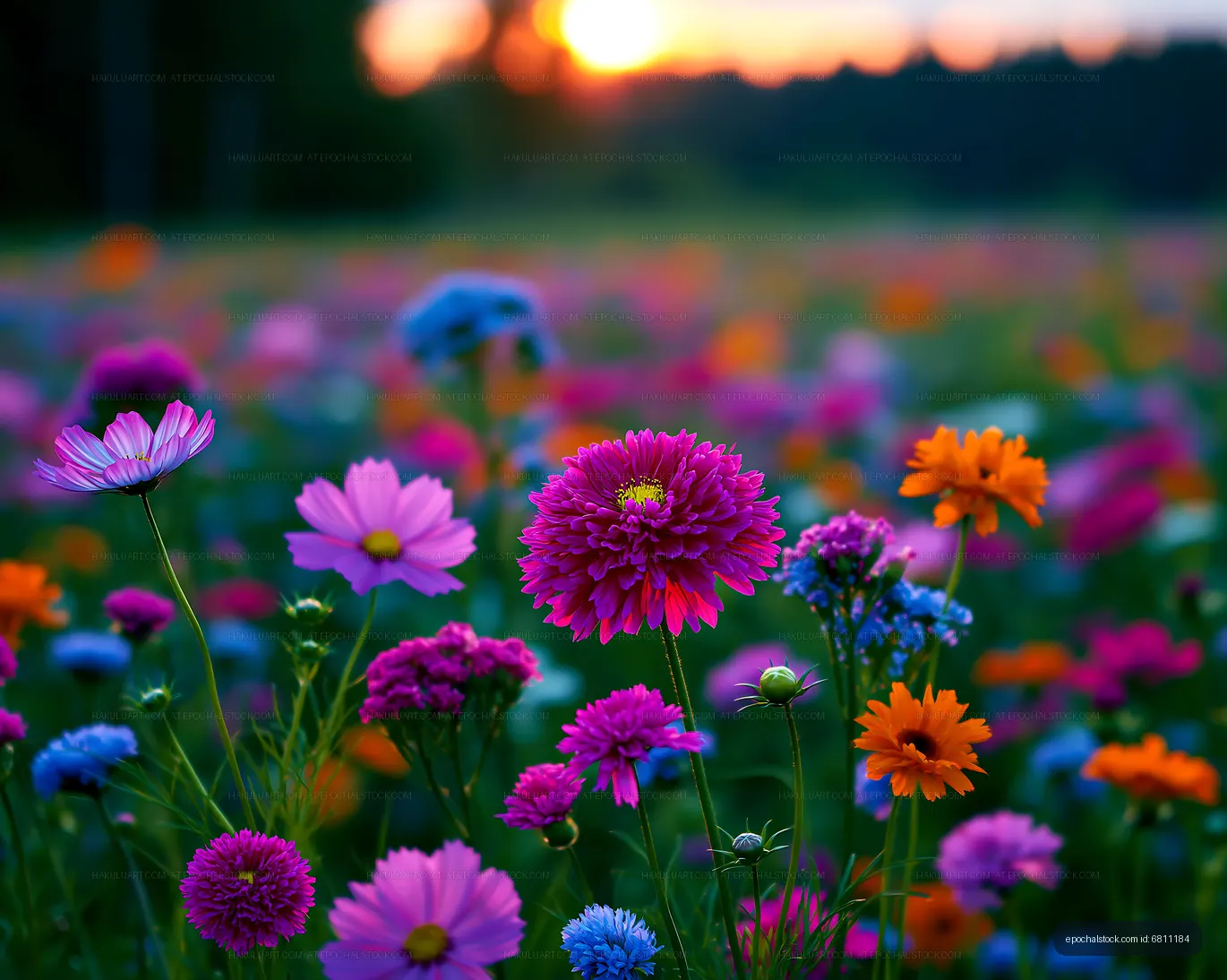 Colorful wildflowers bloom at sunset in a natural landscape
