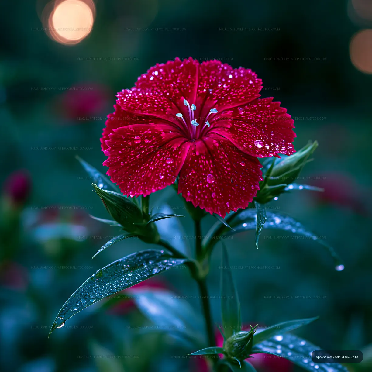 Red flower with water droplets in garden at night