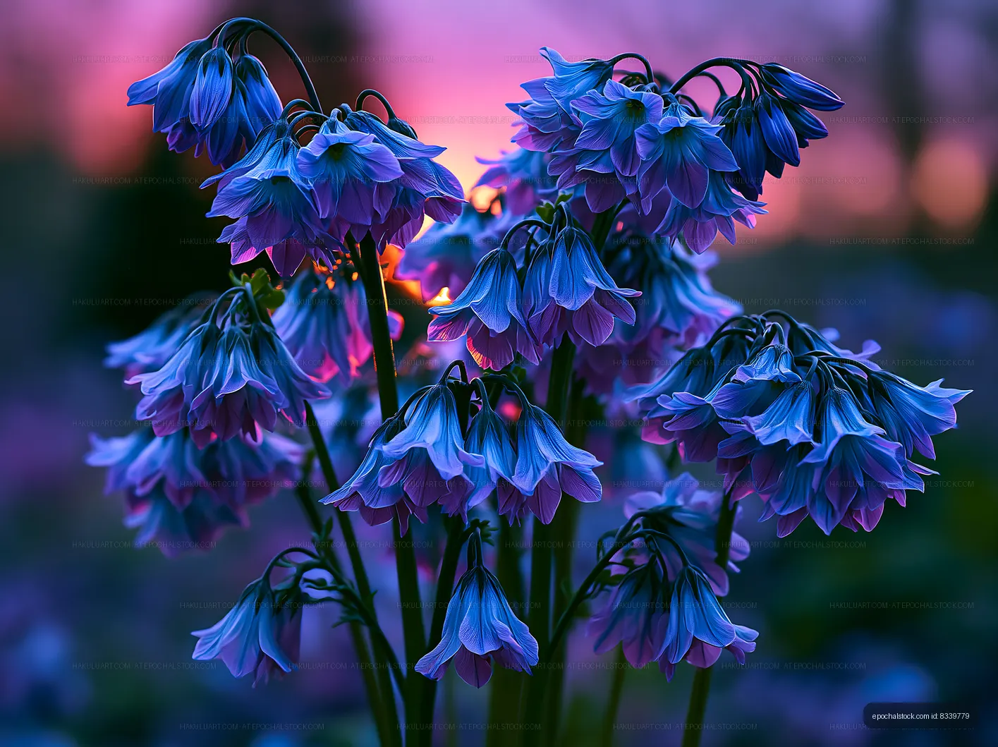 Colorful blue flowers blooming at sunset