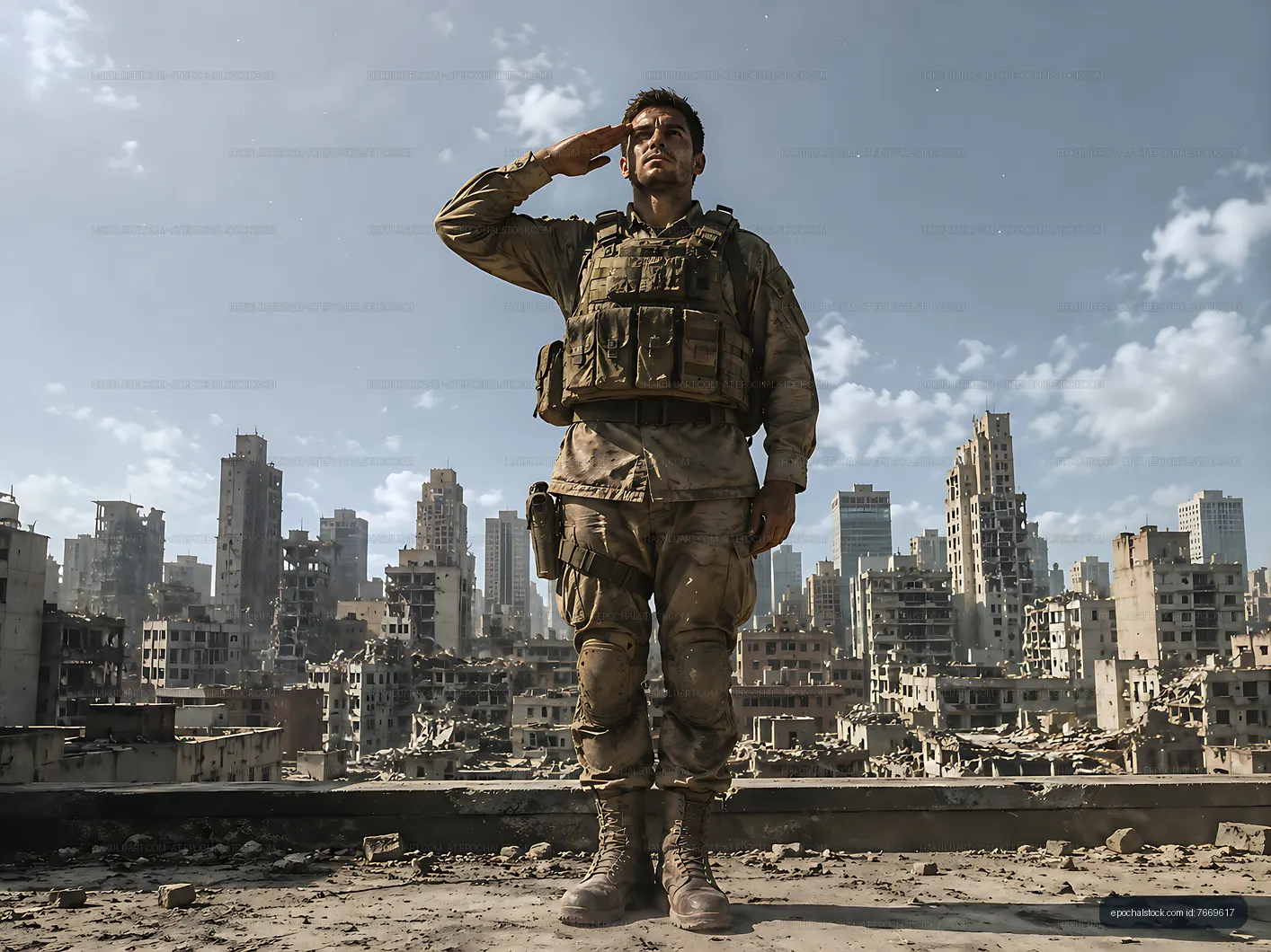 Soldier saluting in a ruined city against a blue sky