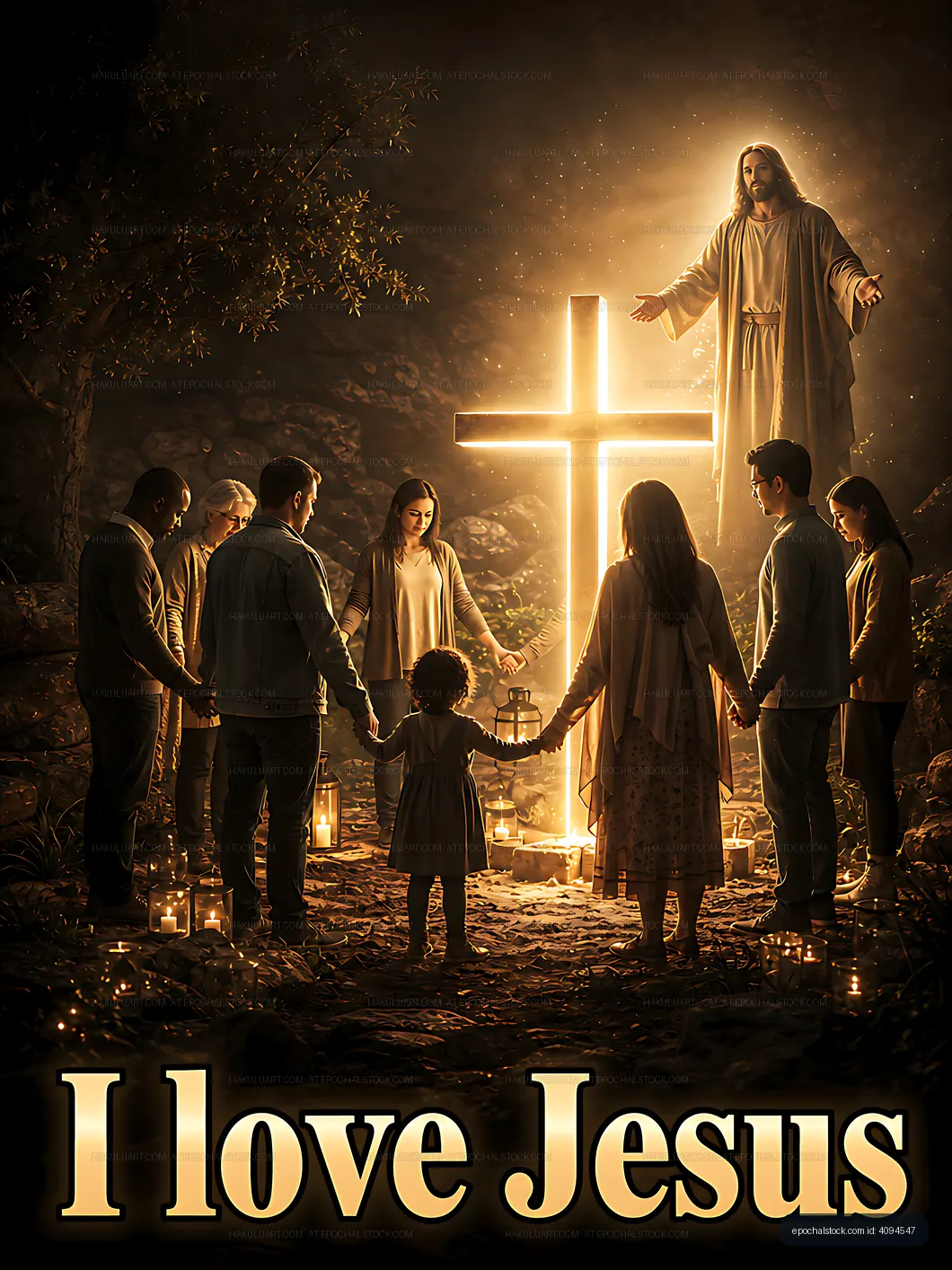 Group of people praying at a glowing cross in a forest setting