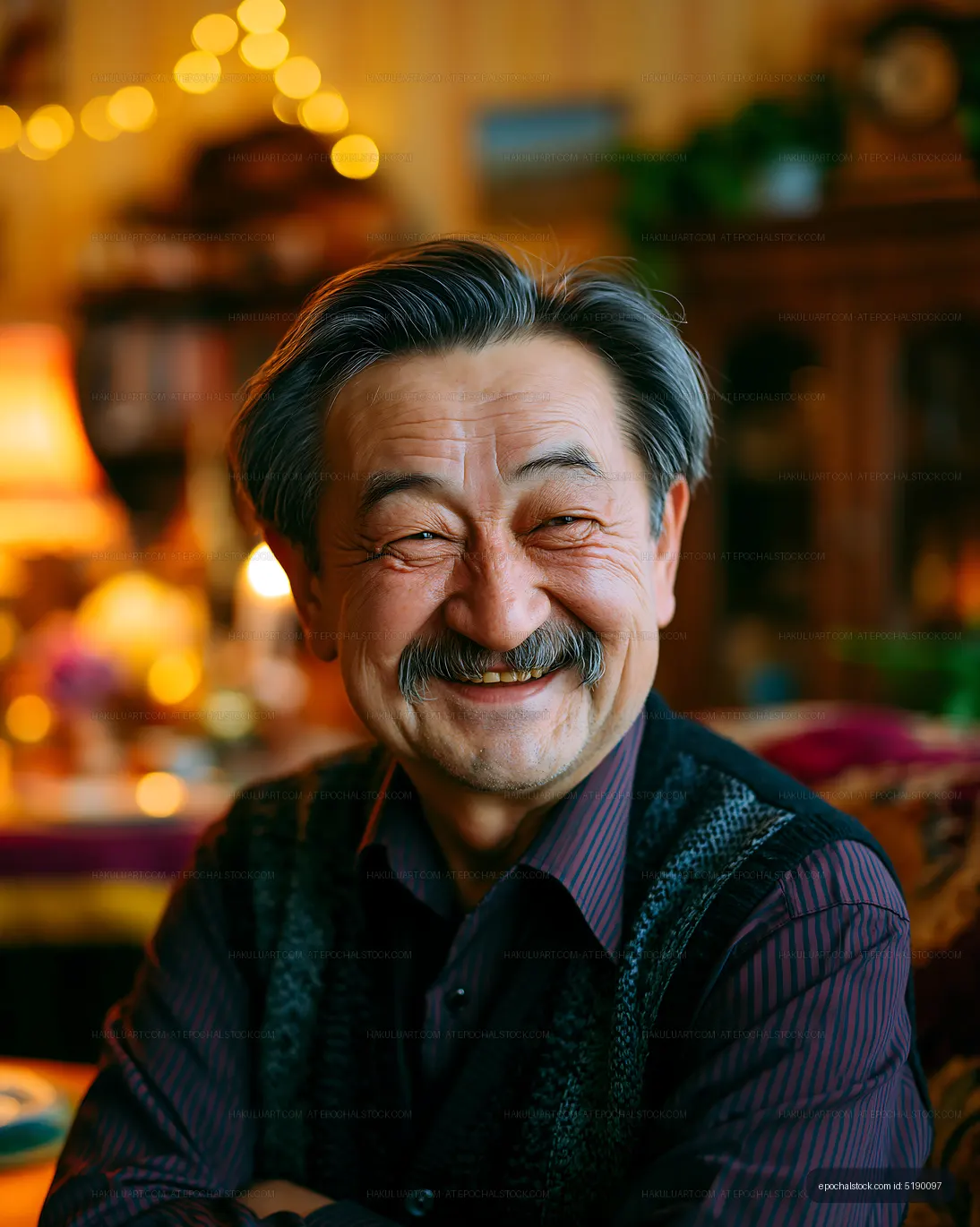 Smiling older man sitting in cozy indoor setting