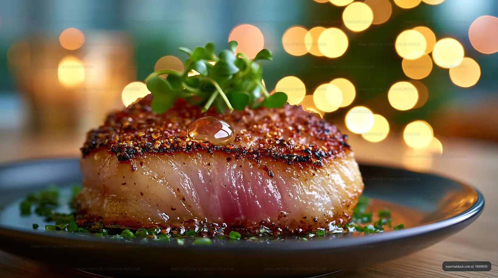 Close-up of cooked fish with garnish on a dark plate