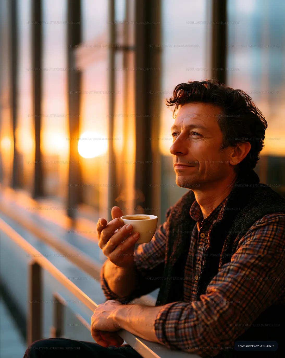 Man enjoys coffee during sunset in modern cafe