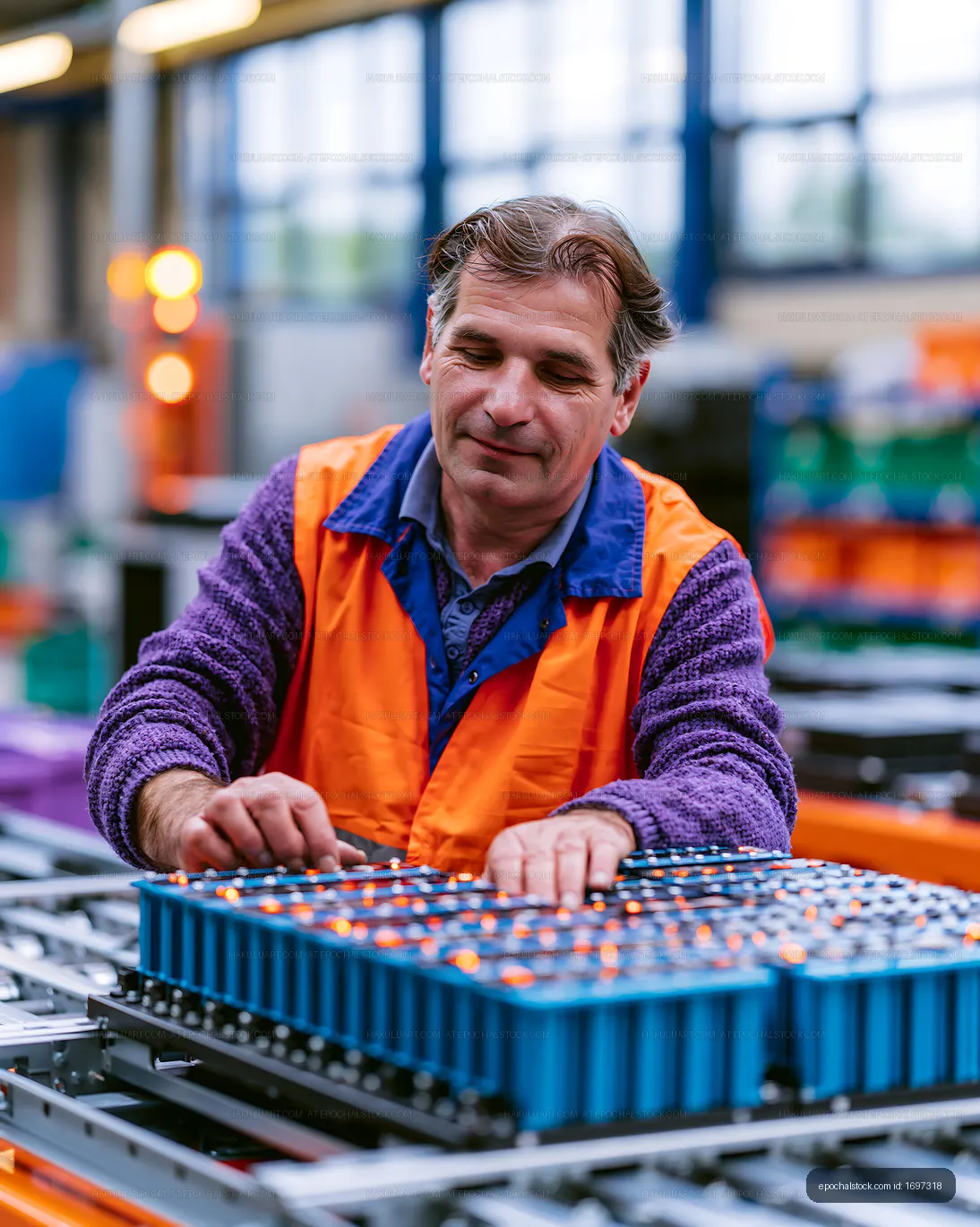 Worker assembling battery packs in a manufacturing plant