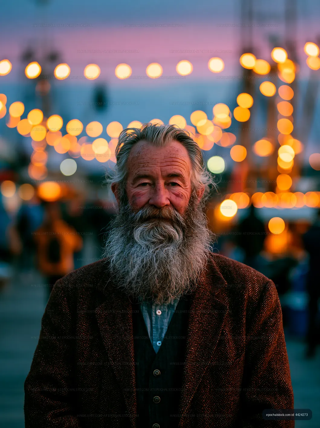 Older man with a beard standing in a festive market setting