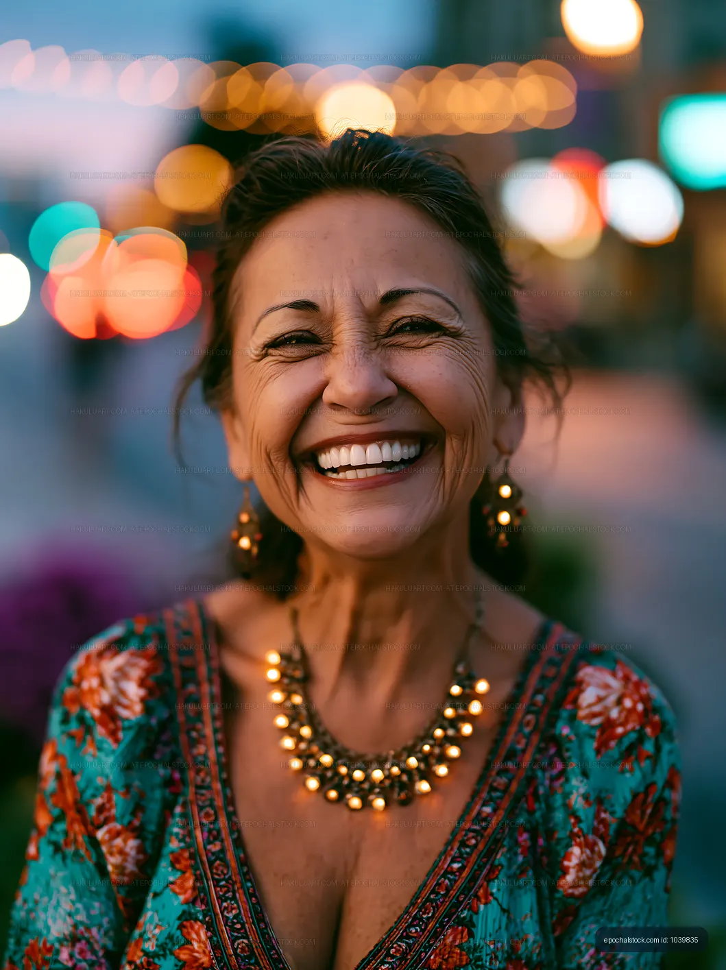 Smiling woman with jewelry in colorful setting at dusk