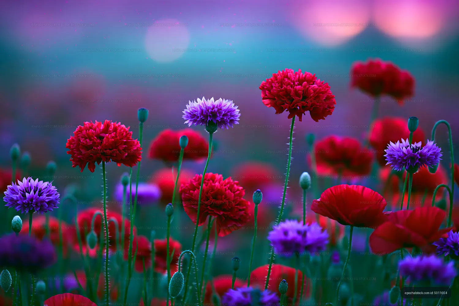 Colorful flowers in a field during sunset