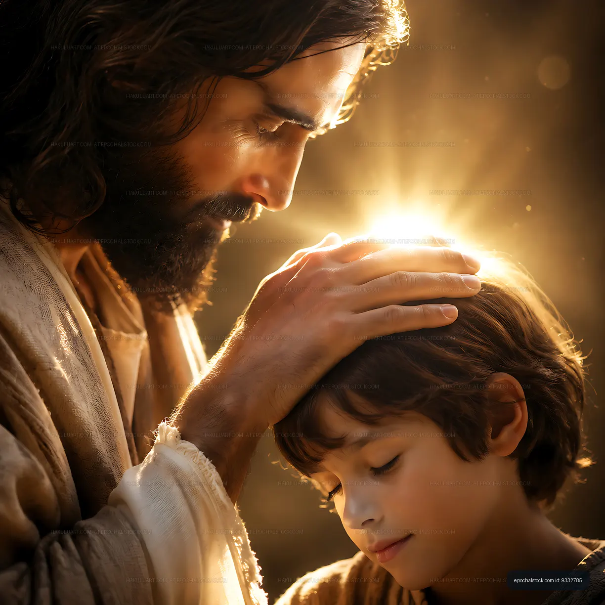 Man touches boy's head with light in background