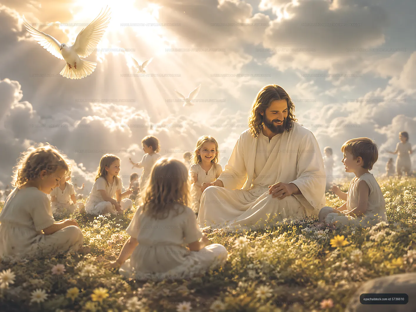 Jesus sitting on grass with children and doves in sunny sky