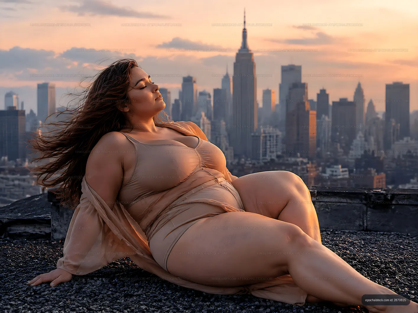 Model poses on rooftop with New York City skyline at sunset