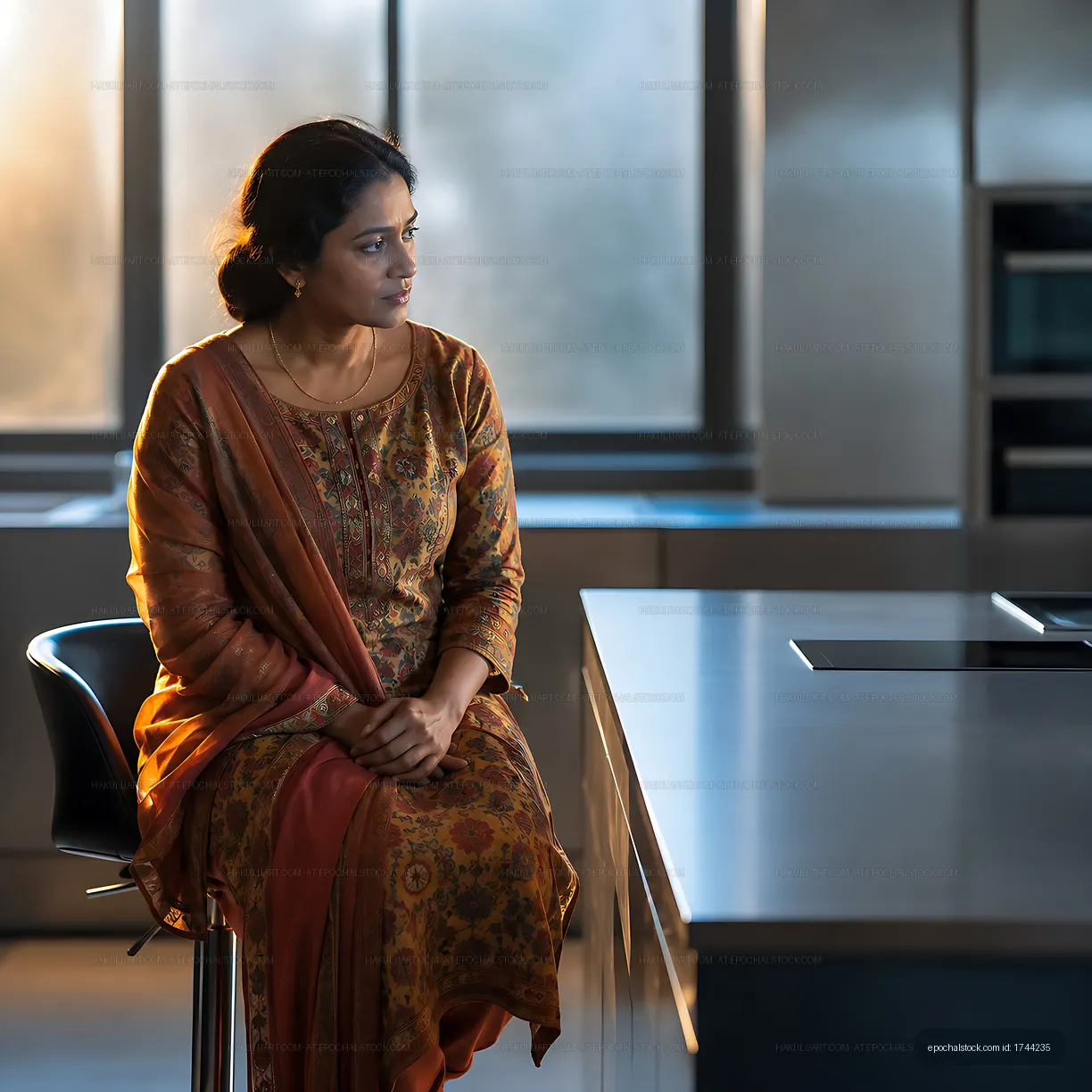 Woman sitting in a modern kitchen during sunset