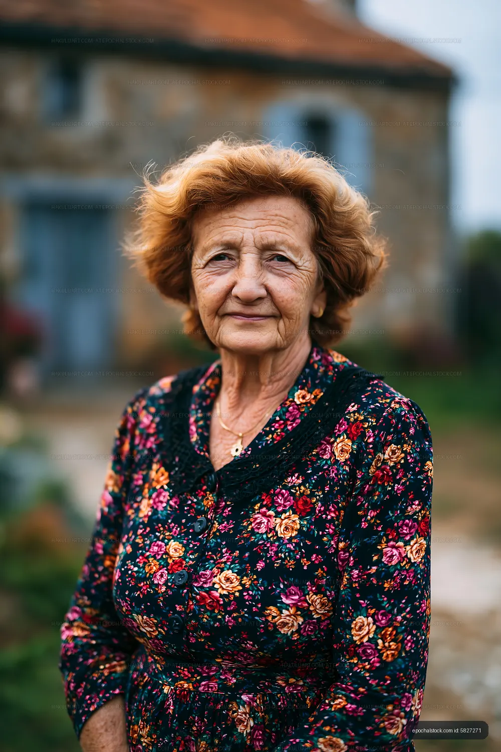 Elderly woman standing outdoors in traditional dress