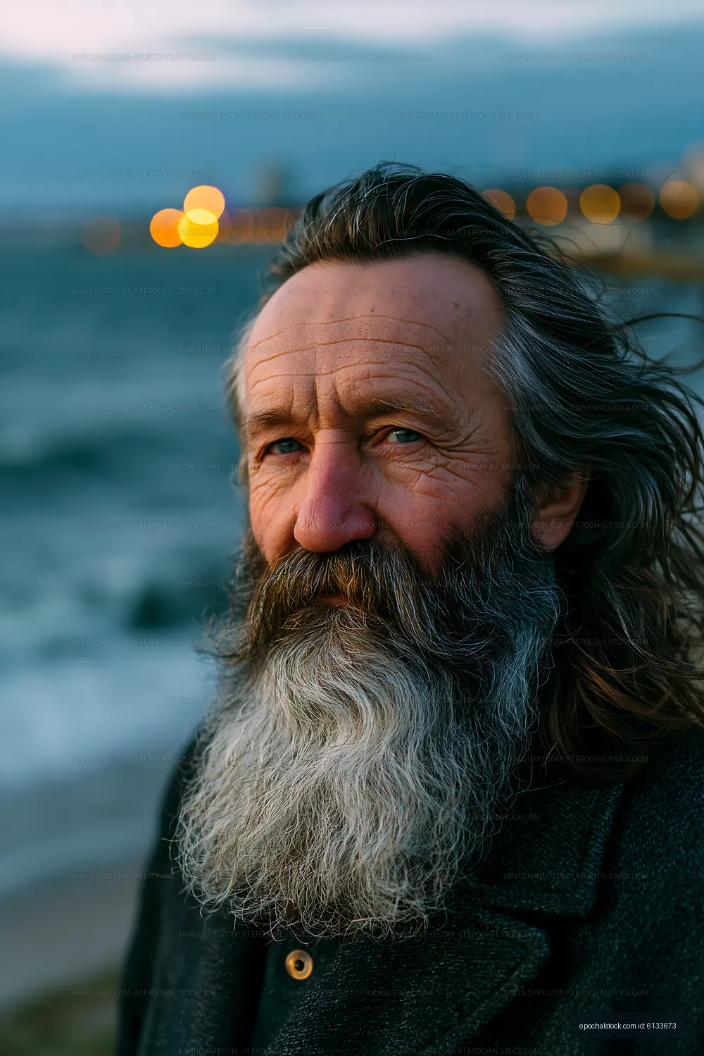 Man with a long beard standing near the water at sunset
