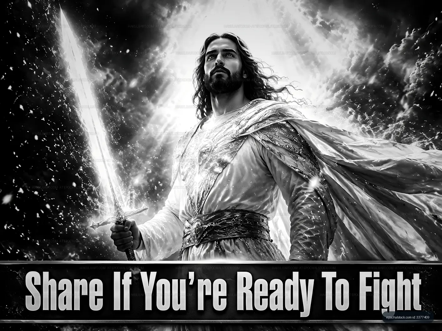 Warrior holding sword in a dramatic scene with bright light